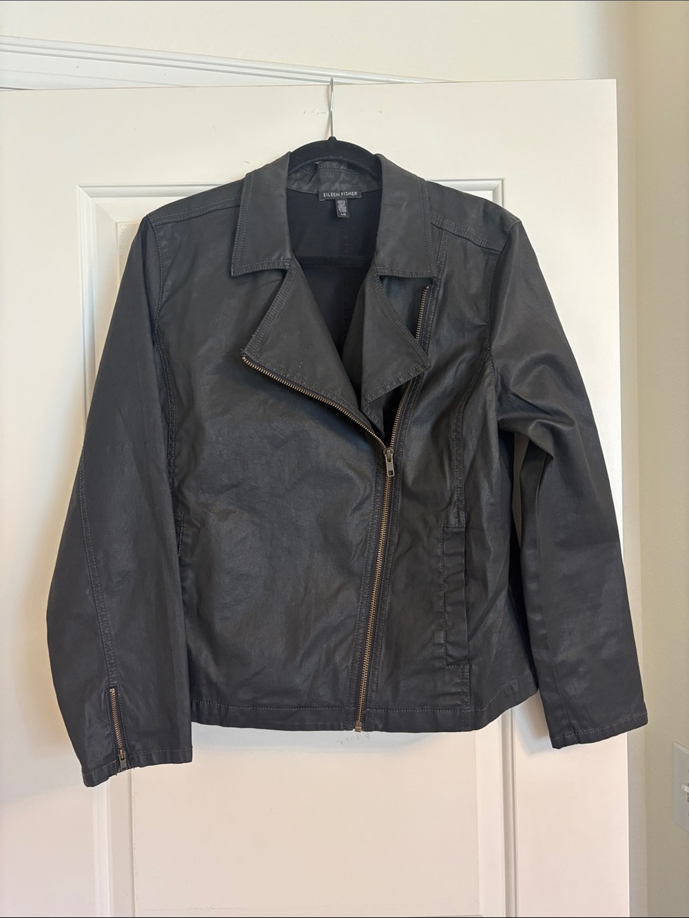 Eileen Fisher Black Leather Asymmetrical Zip Moto Jacket
